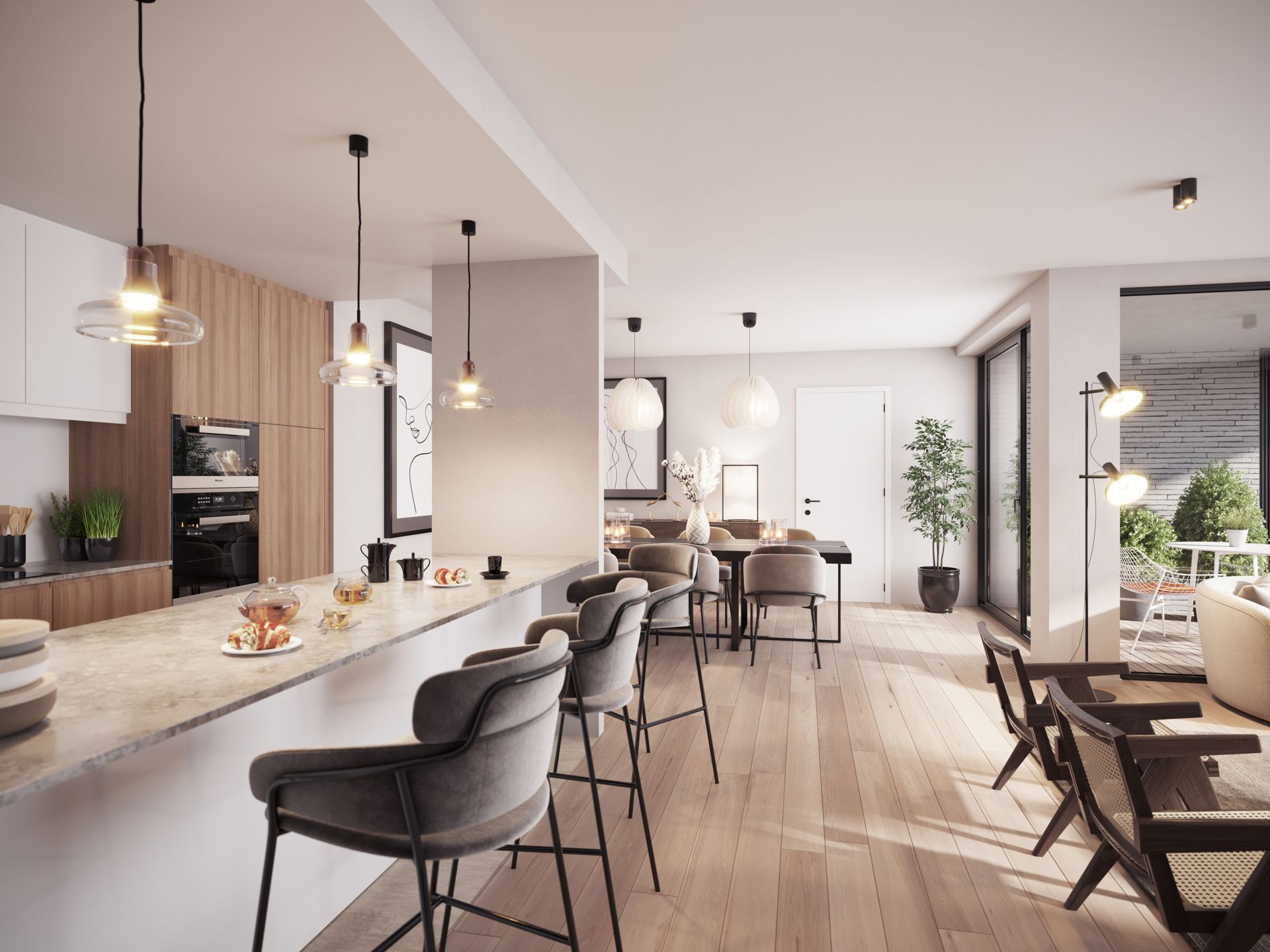 Espace de vie contemporain avec cuisine ouverte et îlot central prolongé par un coin repas. La lumière naturelle et les matériaux chaleureux créent une ambiance élégante et conviviale.
