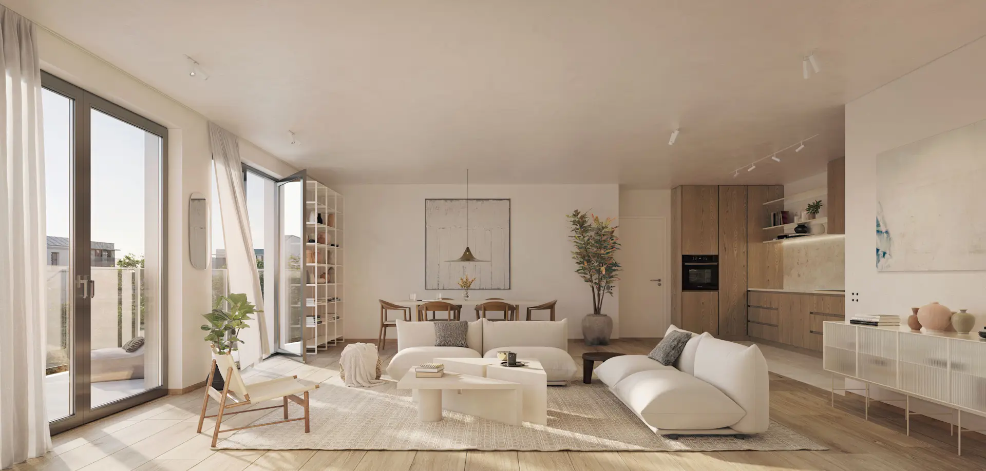 Intérieur d'un appartement spacieux à Evere, les meubles sont modernes et blancs