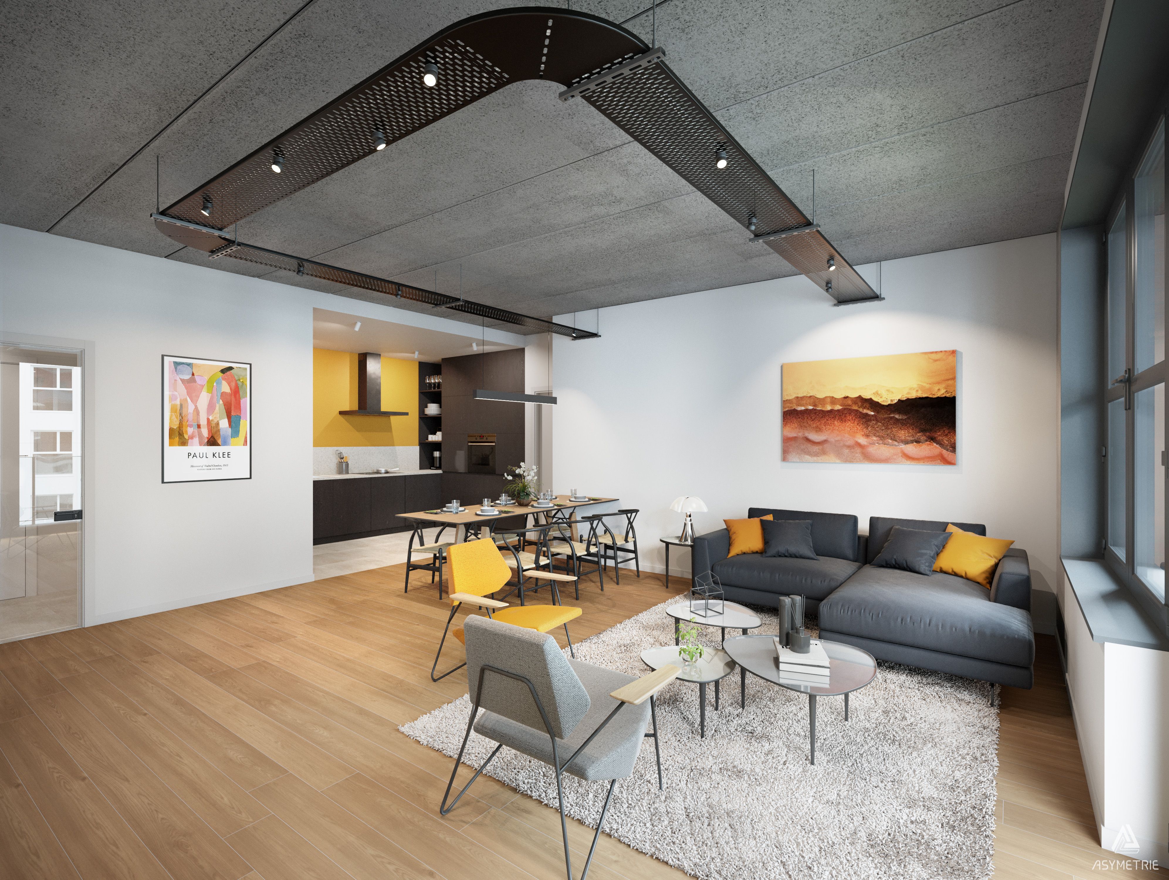 Séjour contemporain avec salon, salle à manger et cuisine ouverte, dans un style moderne aux accents industriels. Les matériaux bruts et les touches de couleur apportent du caractère à l’espace.