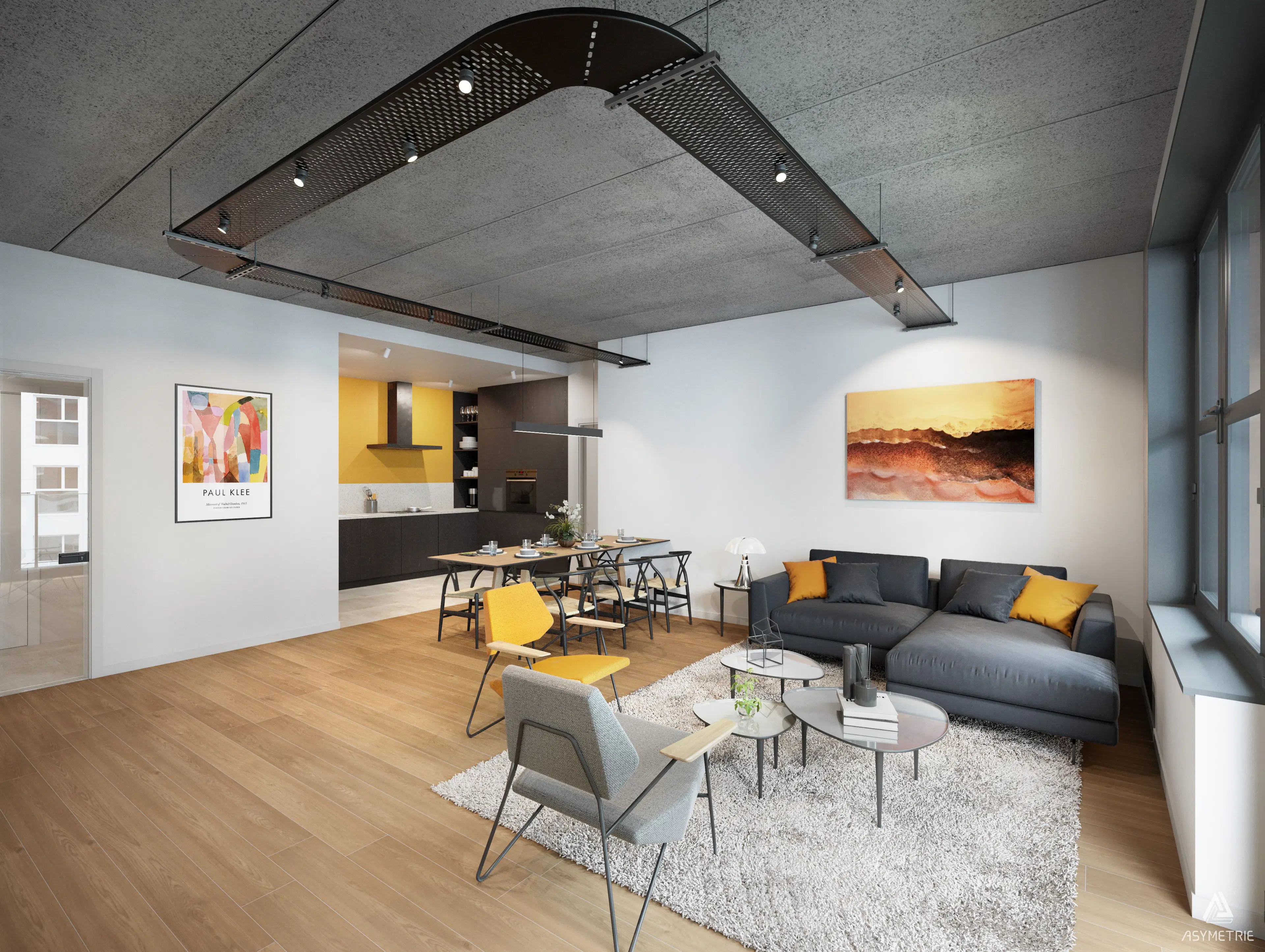 Séjour contemporain avec salon, salle à manger et cuisine ouverte, dans un style moderne aux accents industriels. Les matériaux bruts et les touches de couleur apportent du caractère à l’espace.