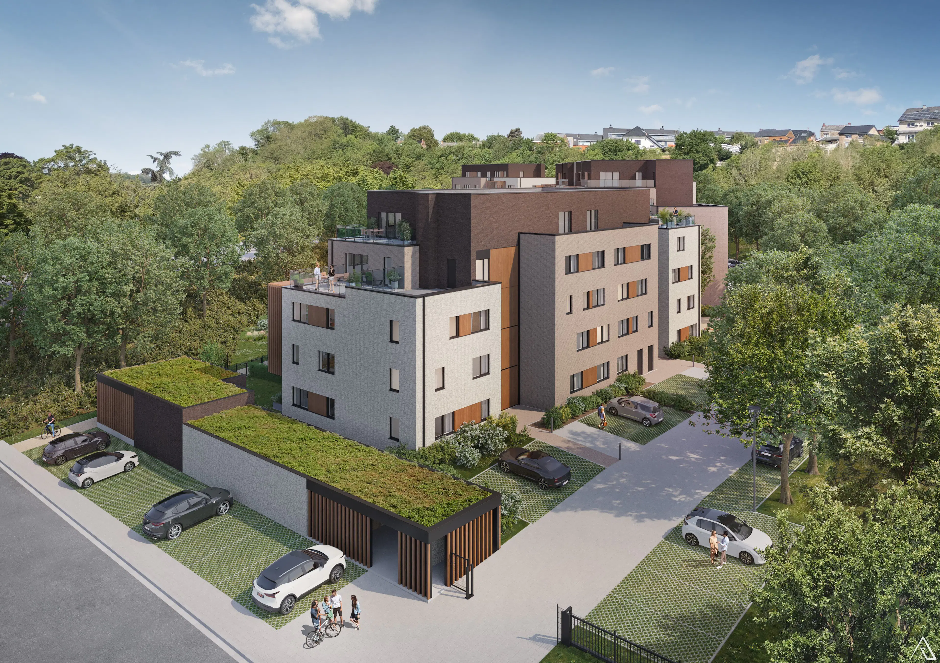 Résidence contemporaine implantée dans un cadre verdoyant, composée de volumes sobres mêlant briques claires, foncées et touches boisées.