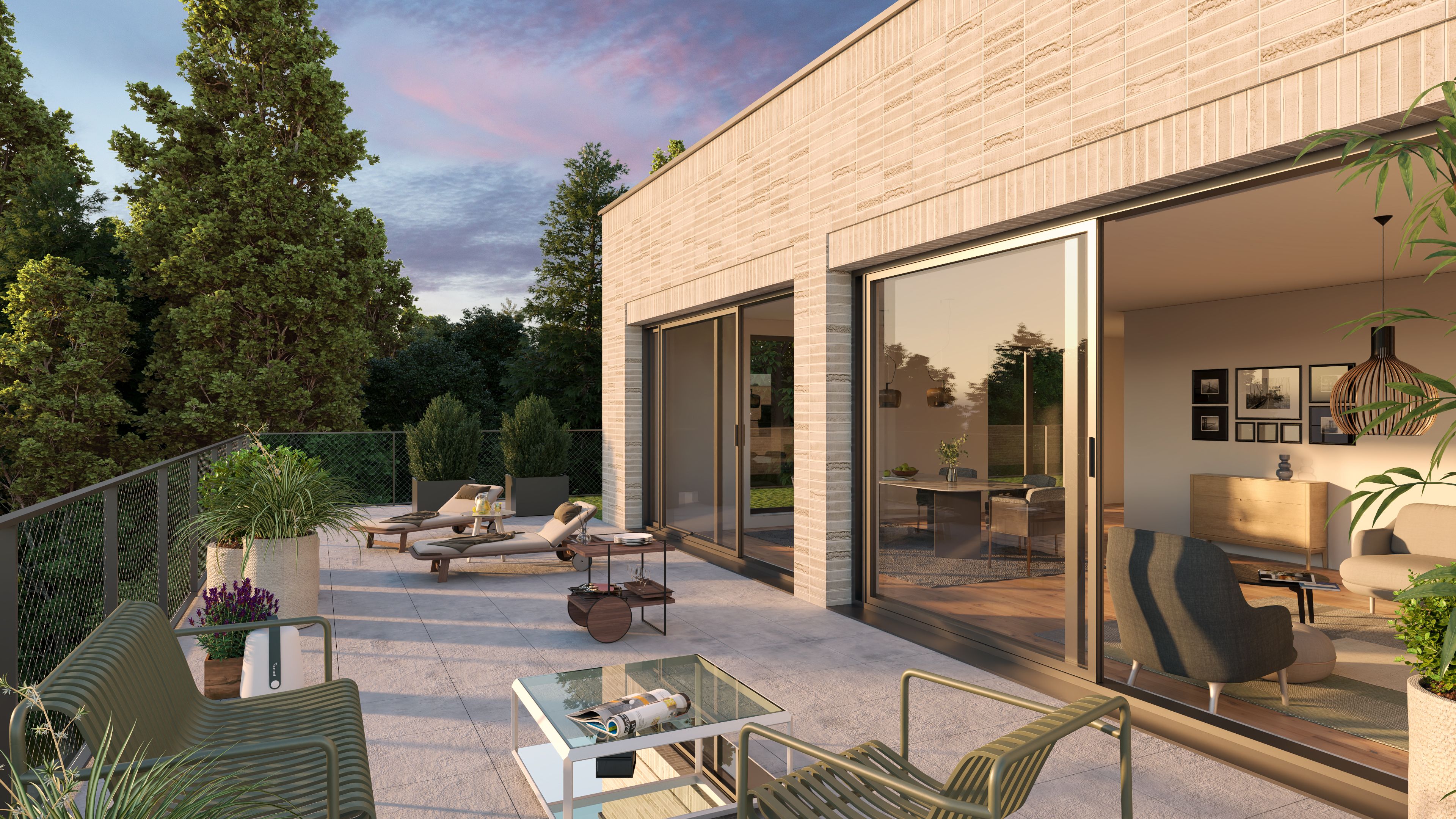 Grande terrasse privative prolongeant les espaces de vie, pensée comme une véritable pièce extérieure.