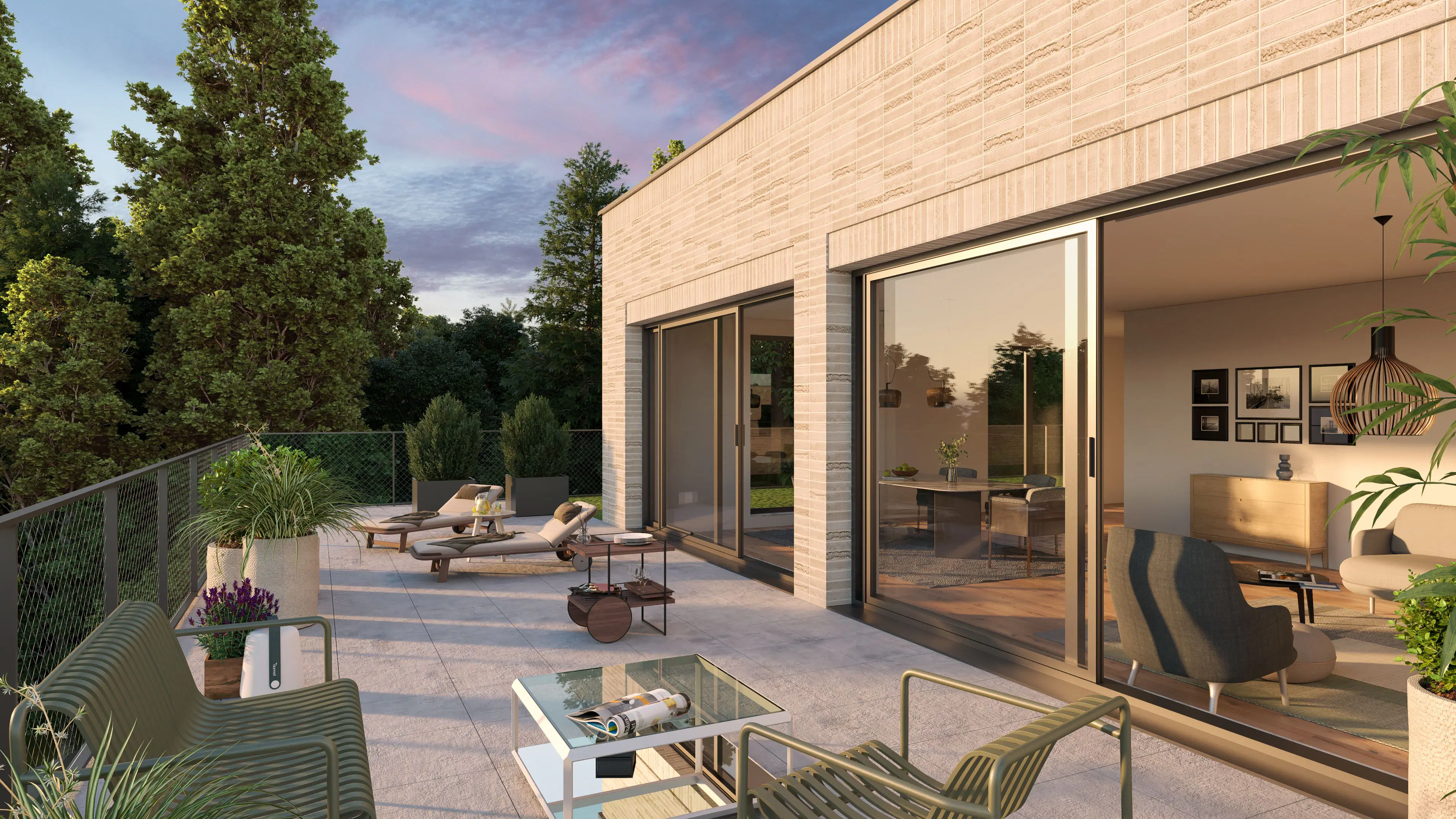 Grande terrasse privative prolongeant les espaces de vie, pensée comme une véritable pièce extérieure.