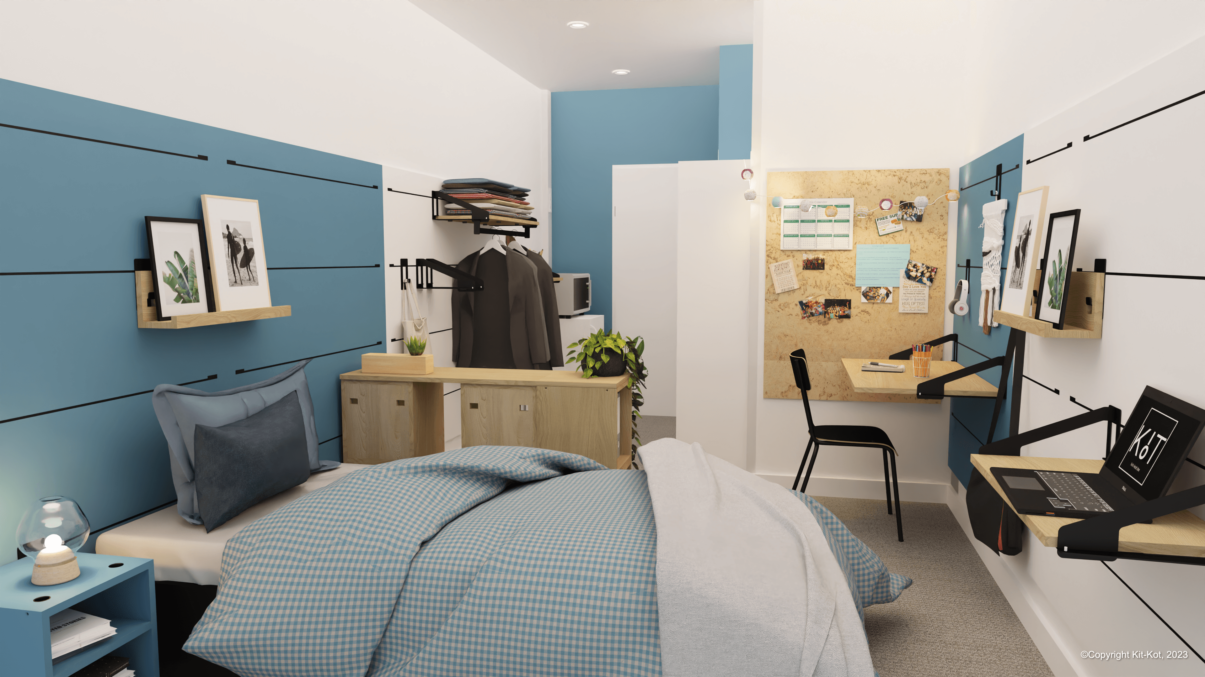 Chambre d'un kot étudiant à Erasme. présence d'un lit, d'un bureau et d'espaces de rangements