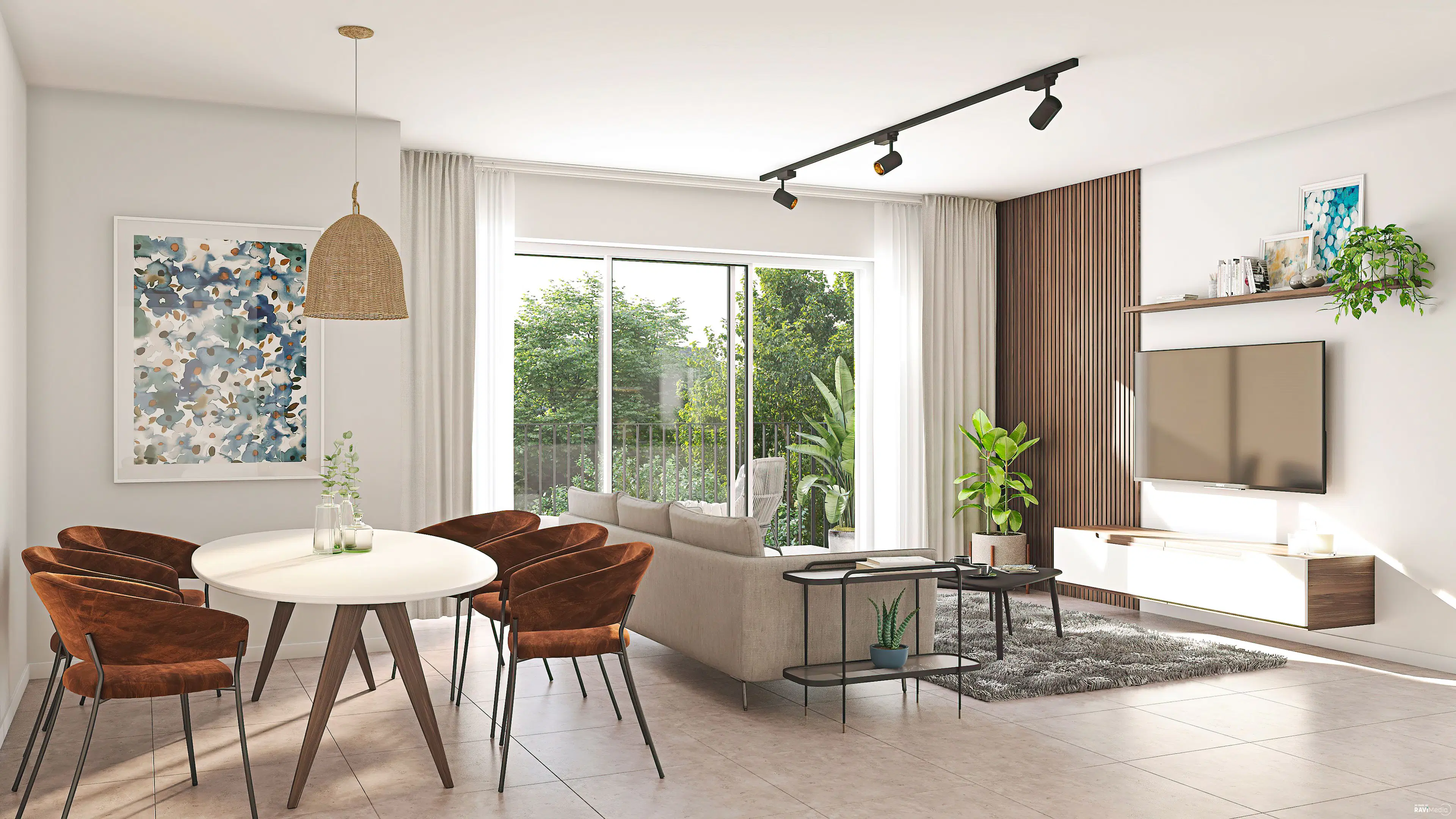 Séjour contemporain lumineux avec salon et salle à manger ouverts, aux tons neutres et chaleureux. De larges baies vitrées apportent de la lumière et ouvrent sur un balcon entouré de verdure.