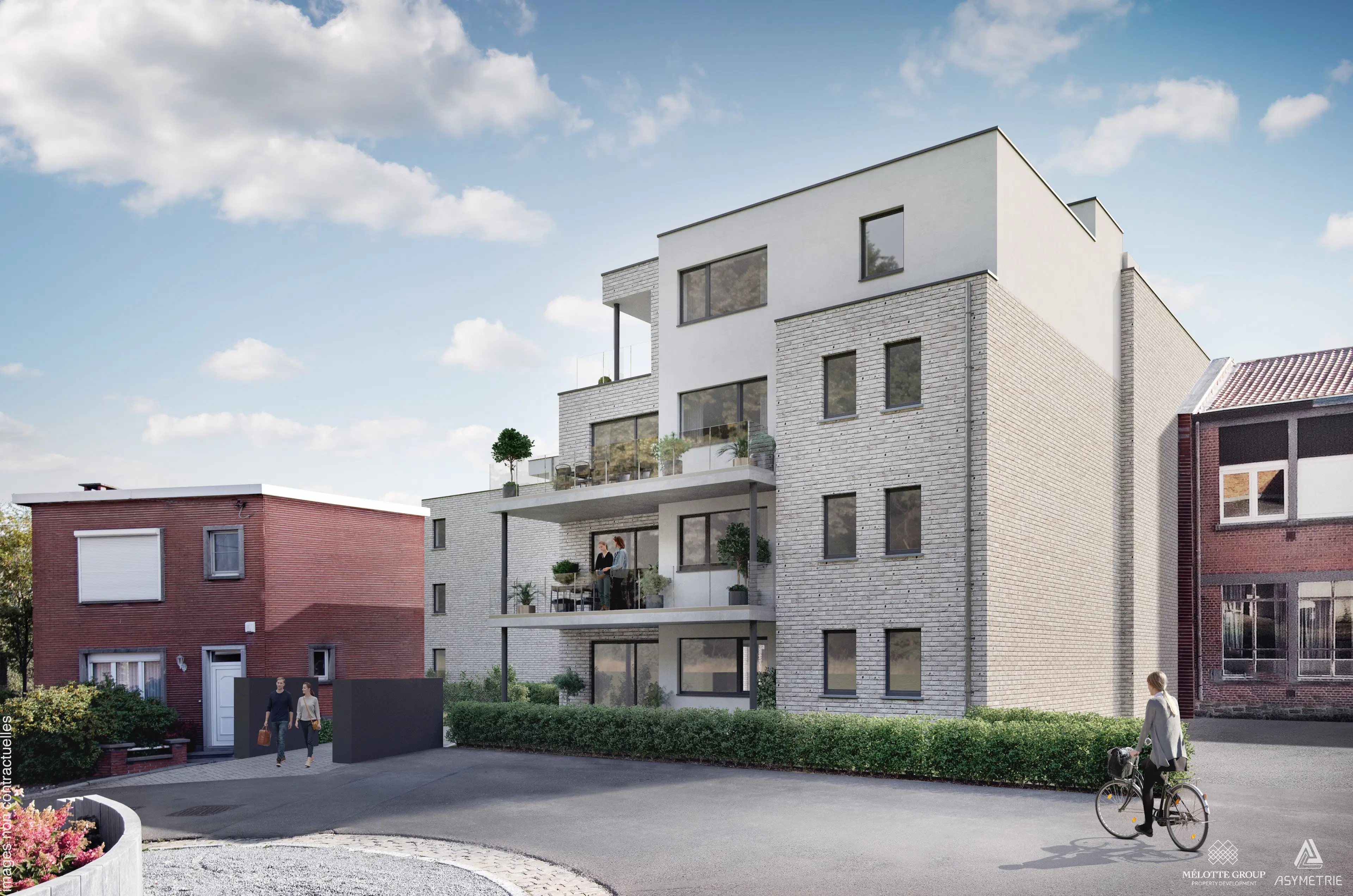 Immeuble résidentiel contemporain avec façades en briques claires et terrasses superposées. Le bâtiment s’intègre dans un quartier résidentiel, entre habitations existantes et espaces extérieurs aménagés.