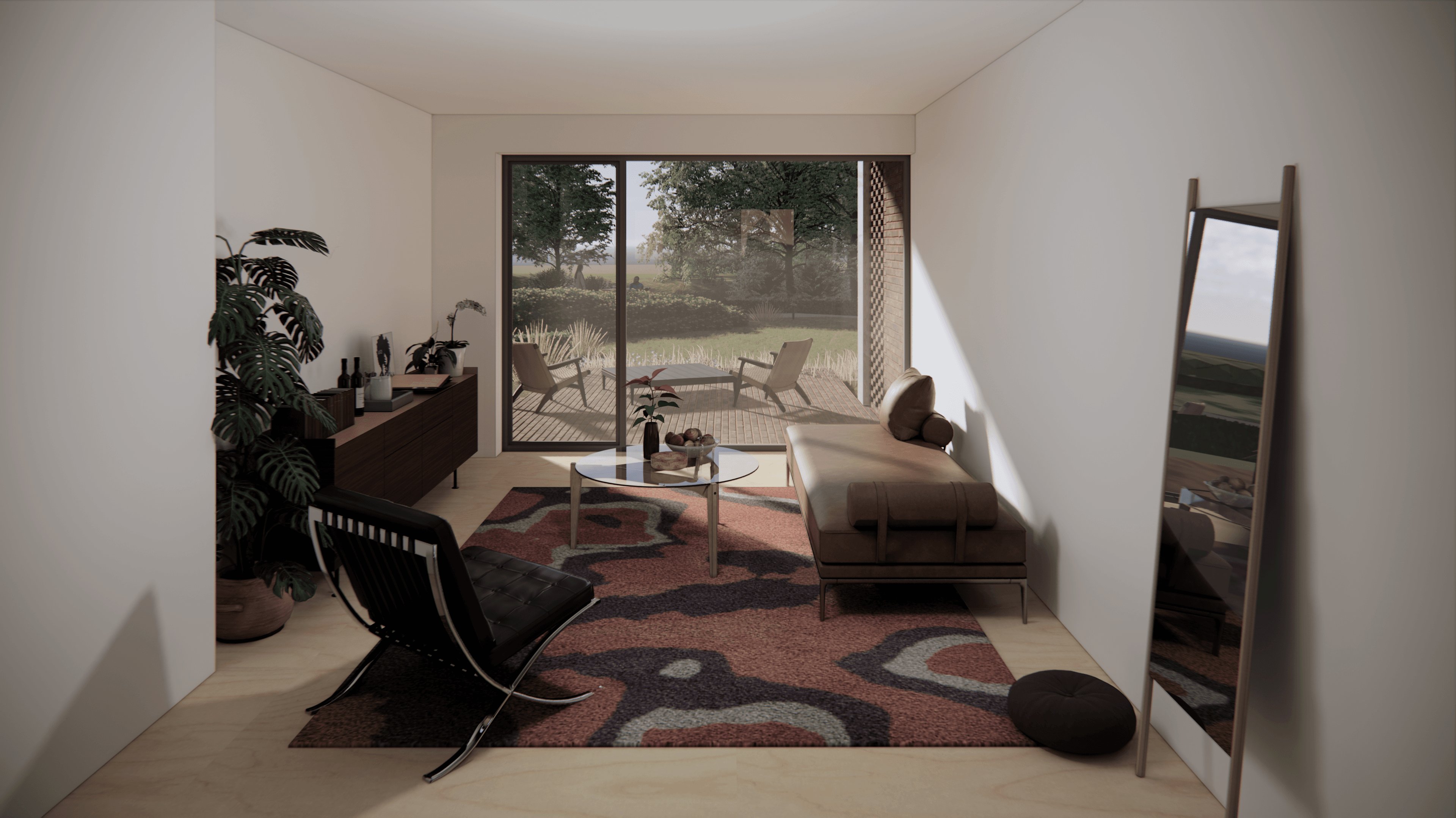 Espace intérieur qui donne sur une terrasse à Cortil-Wodon. Une table en verre centrale est entourée par une chaise, un meuble de rangements et une banquette