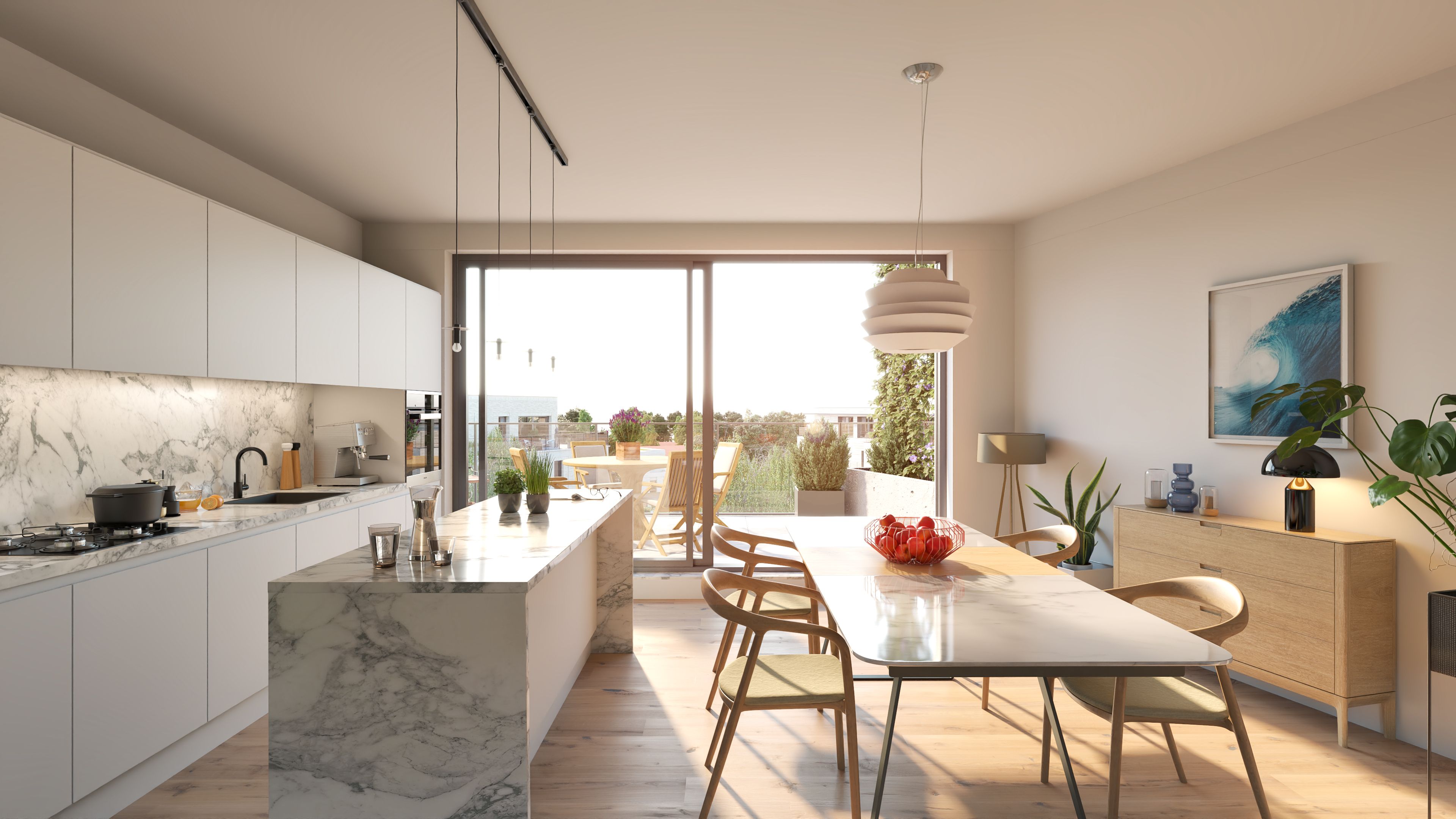 espace cuisine dans un appartement à uccle. L'ilot central en marbre accompagne une table et quatre chaises. Une baie vitrée surplombe la pièce