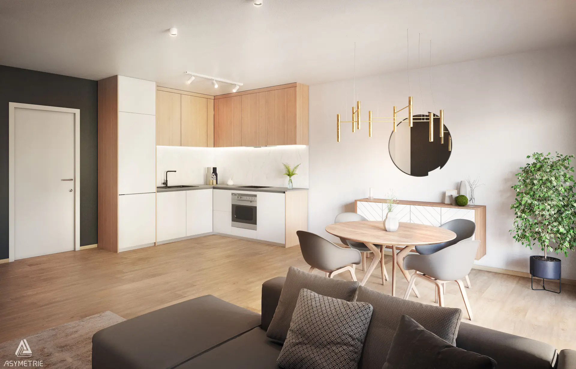 Séjour moderne avec cuisine ouverte et espace repas, aux matériaux bois et tons neutres. L’aménagement épuré et la décoration soignée créent une ambiance chaleureuse et contemporaine.