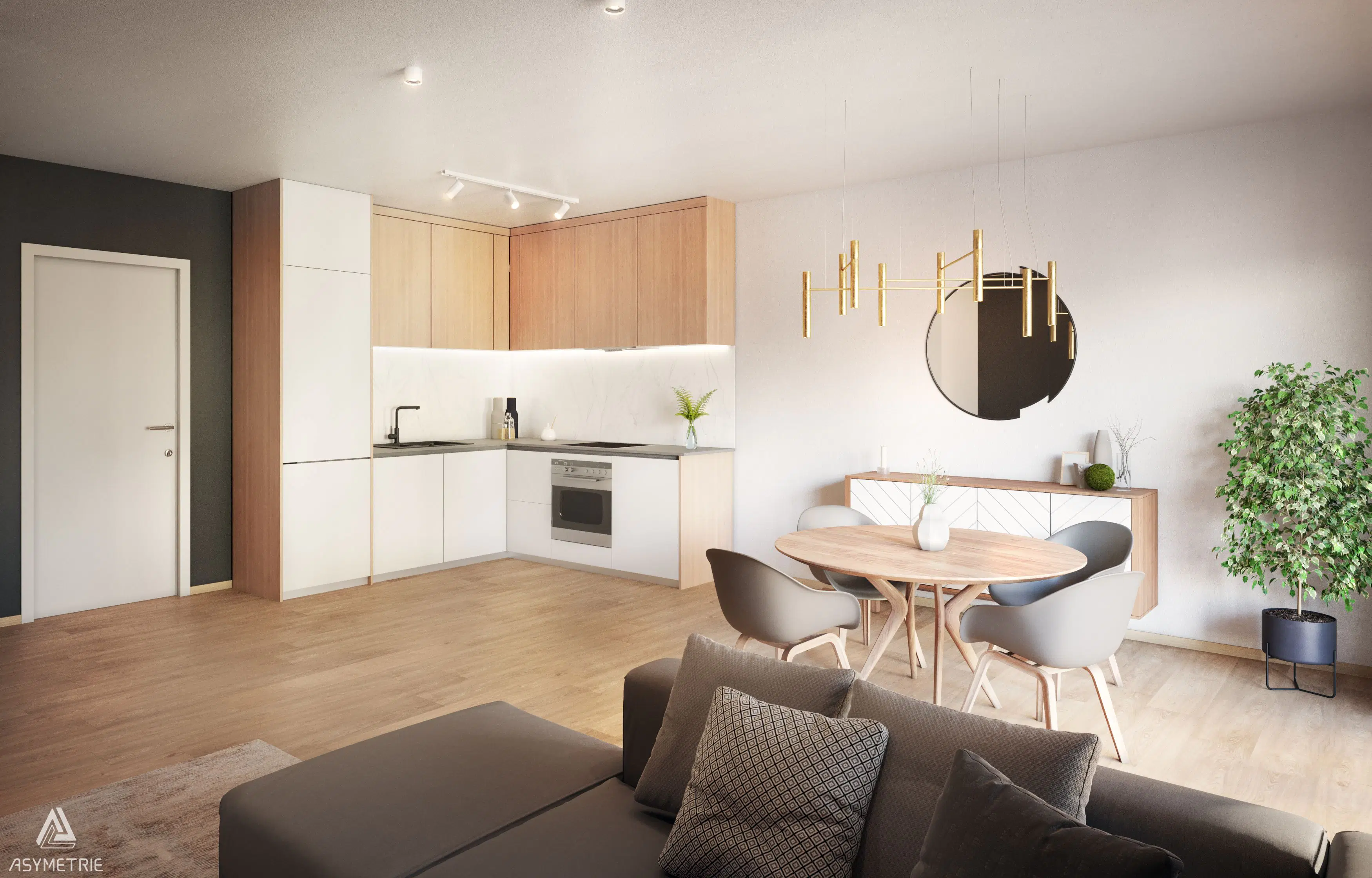 Séjour moderne avec cuisine ouverte et espace repas, aux matériaux bois et tons neutres. L’aménagement épuré et la décoration soignée créent une ambiance chaleureuse et contemporaine.