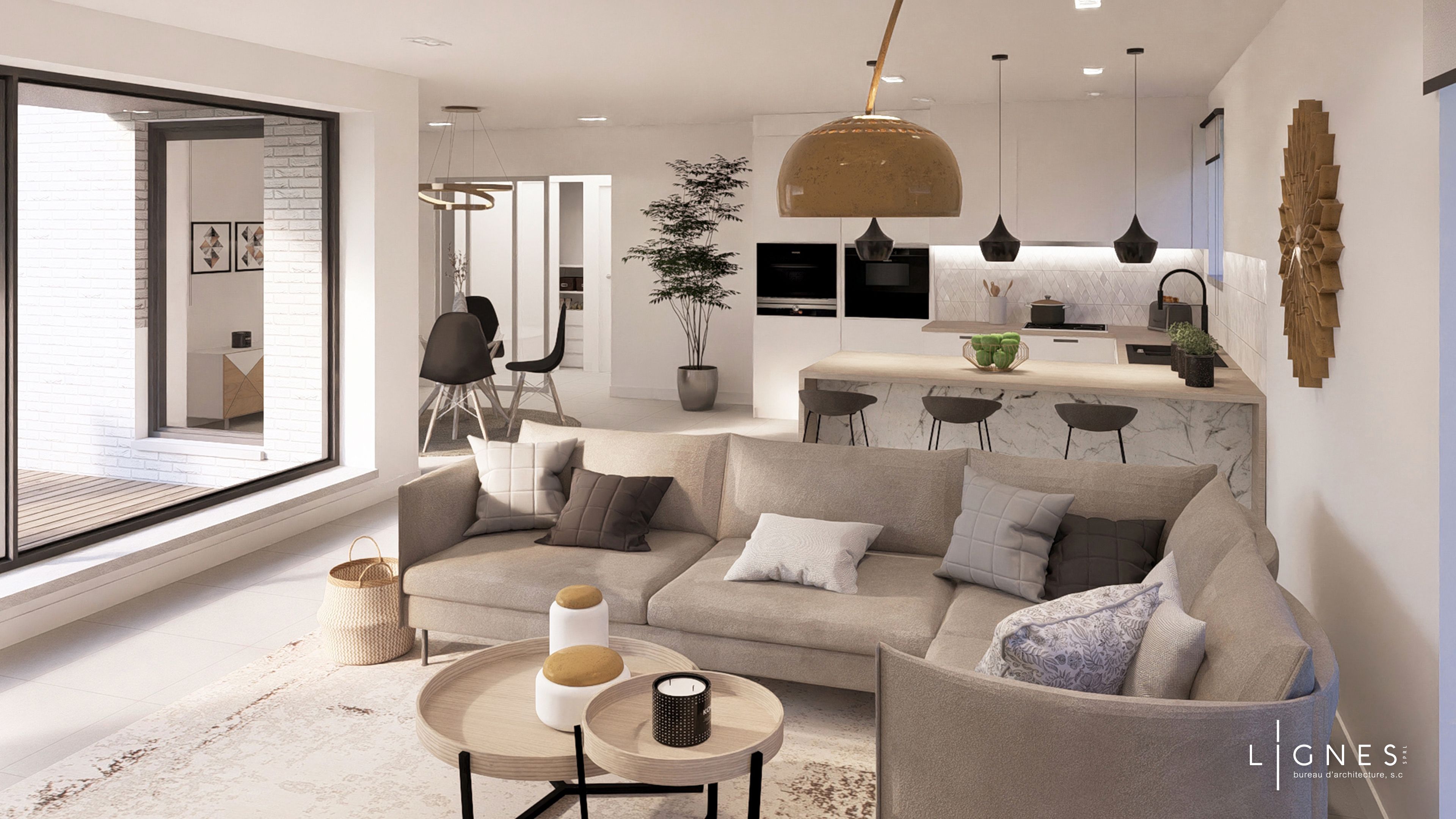 espace de vie intérieur avec un salon, une cuisine et une baie vitrée sur la gauche de l'image