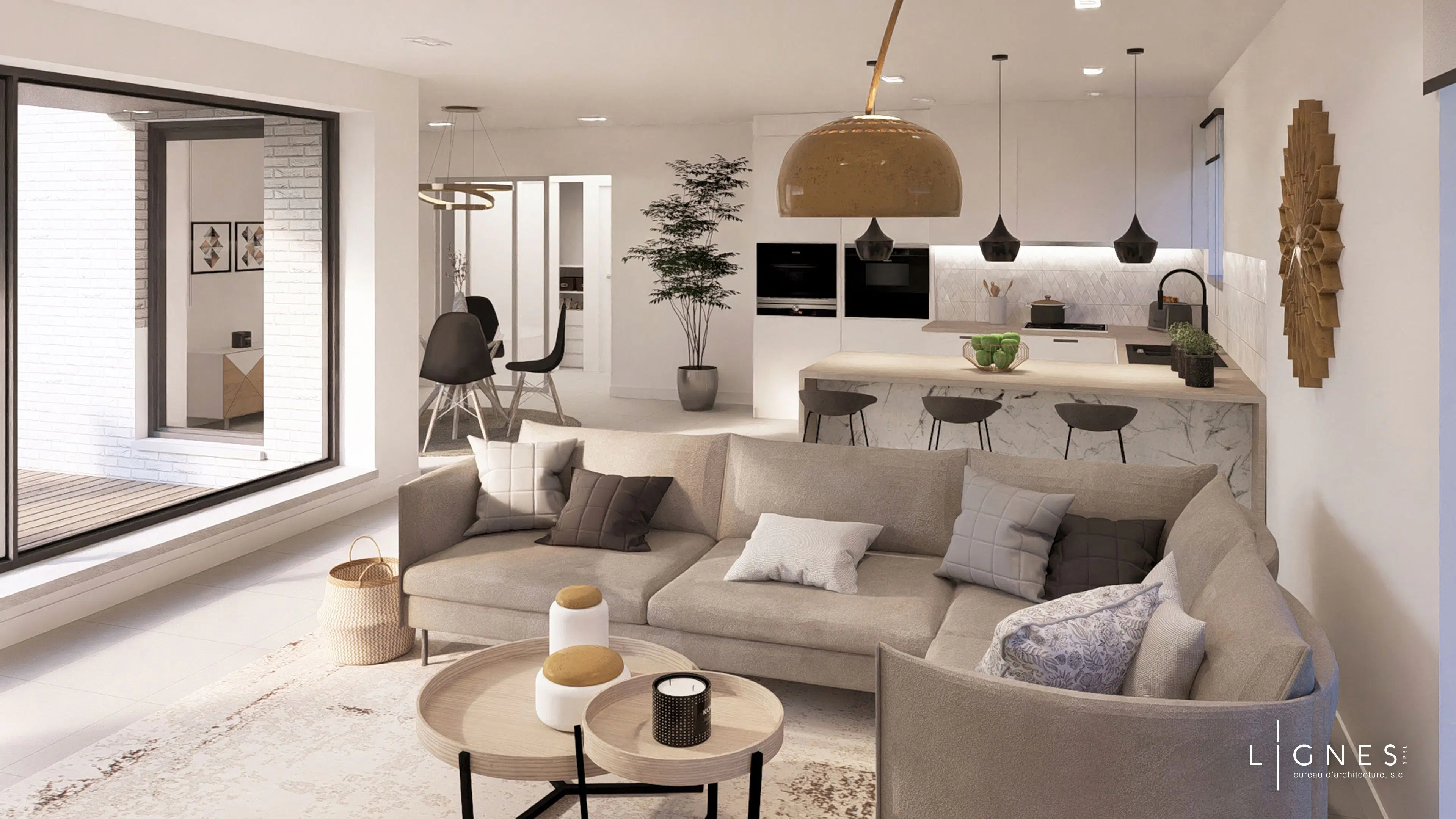 espace de vie intérieur avec un salon, une cuisine et une baie vitrée sur la gauche de l'image