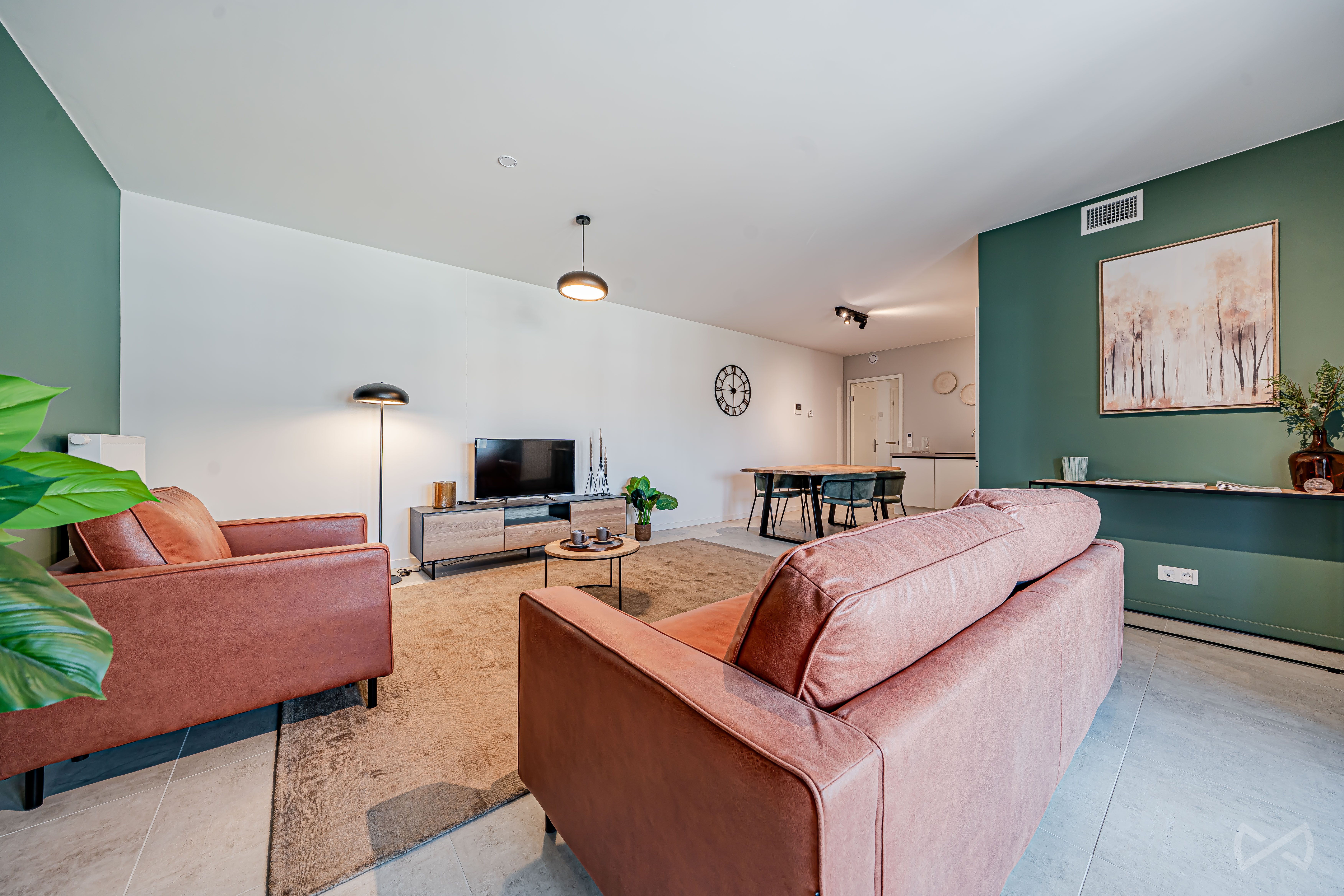 Salon dans un appartement du projet neuf gastronomia. Le canapé est en premier plan, devant une table basse et une télévision