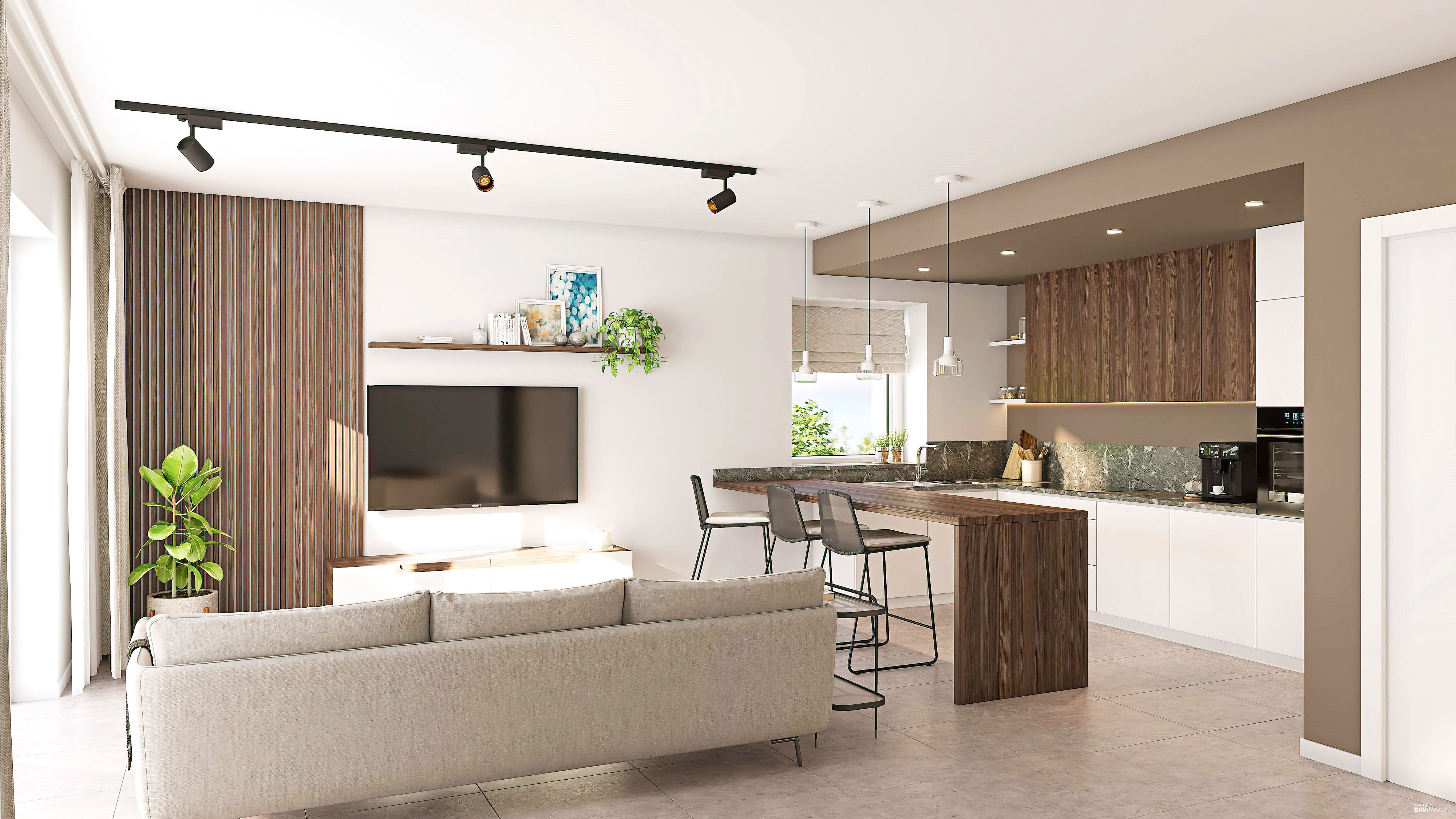 Espace de vie d'un appartement Lekanto et Levita. L'image met en avant un côté et salon et un côté cuisine
