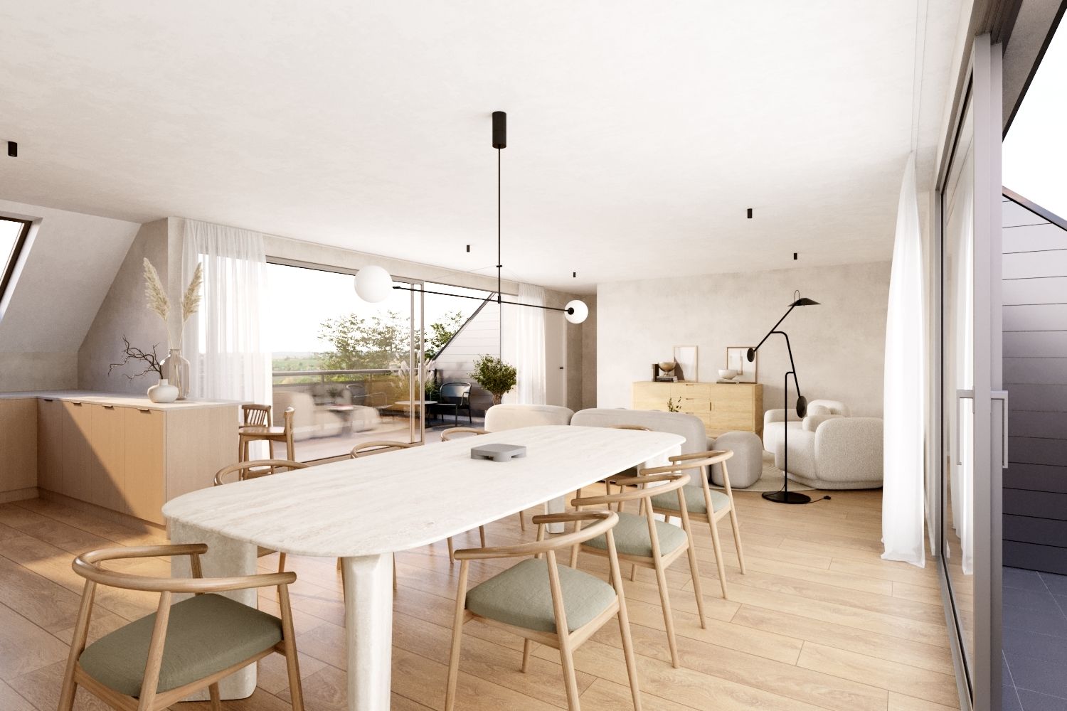 Pièce de vie spacieuse et lumineuse, organisée en open space avec cuisine, salle à manger et salon. Accès direct à une terrasse via de larges baies vitrées, offrant une belle continuité intérieur-extérieur.