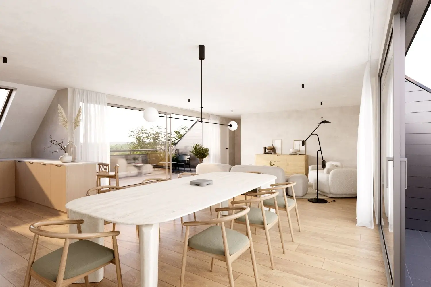 Pièce de vie spacieuse et lumineuse, organisée en open space avec cuisine, salle à manger et salon. Accès direct à une terrasse via de larges baies vitrées, offrant une belle continuité intérieur-extérieur.