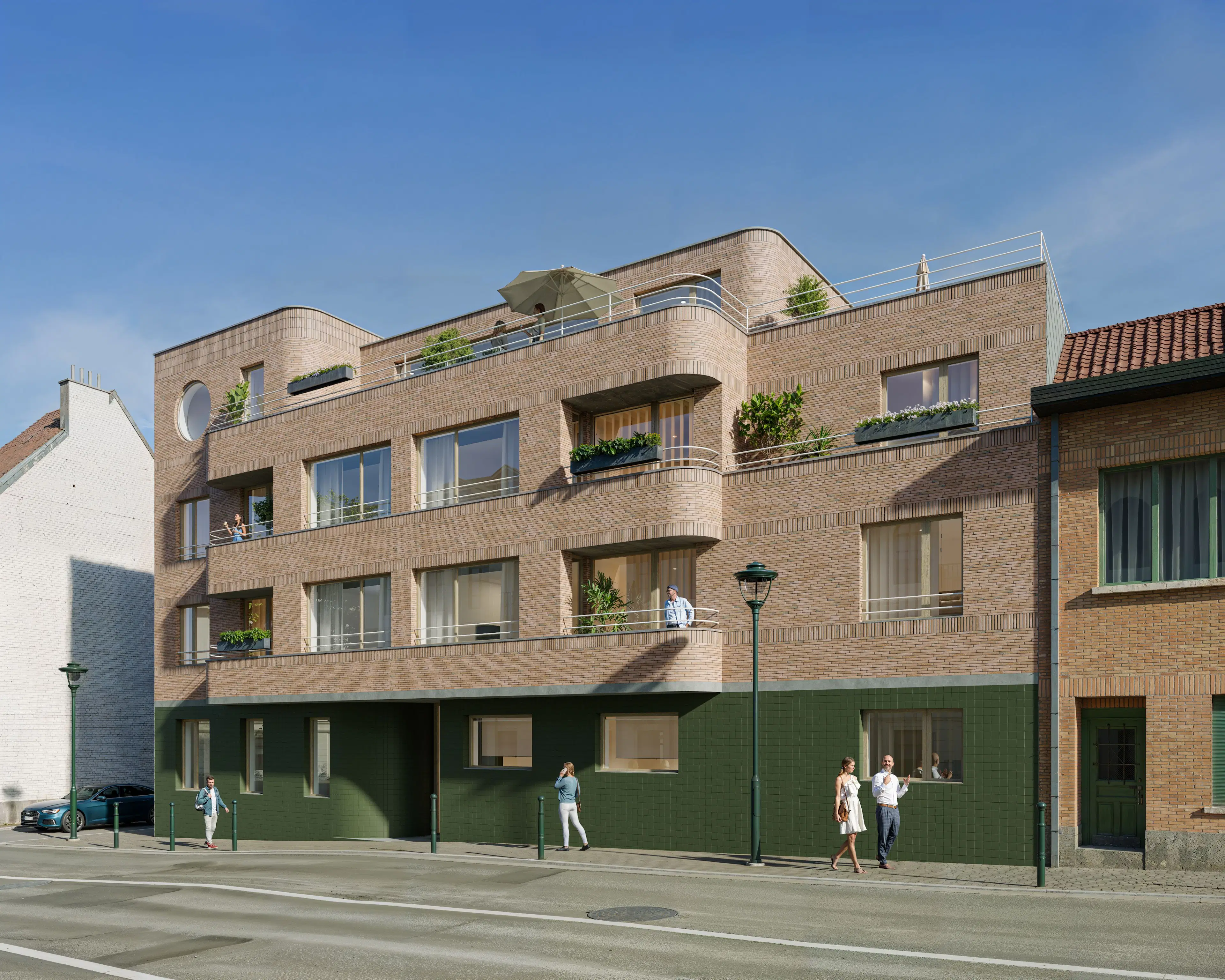 Immeuble résidentiel neuf avec appartements et terrasses en rooftop, architecture contemporaine en briques et situation en centre-ville en Belgique