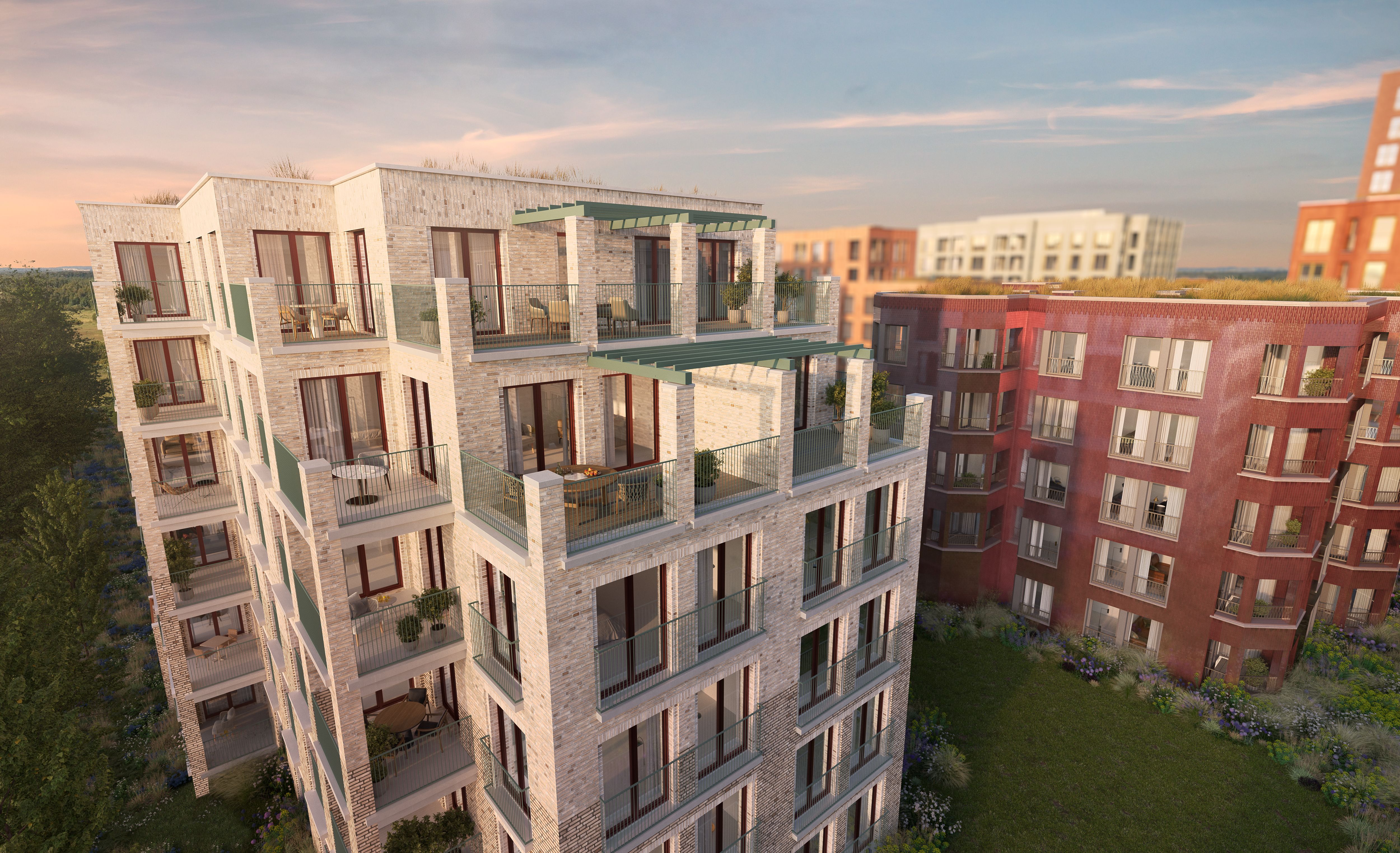 Immeuble neuf avec appartements et penthouses, grandes terrasses et vues dégagées, situé dans un projet résidentiel contemporain avec espaces verts