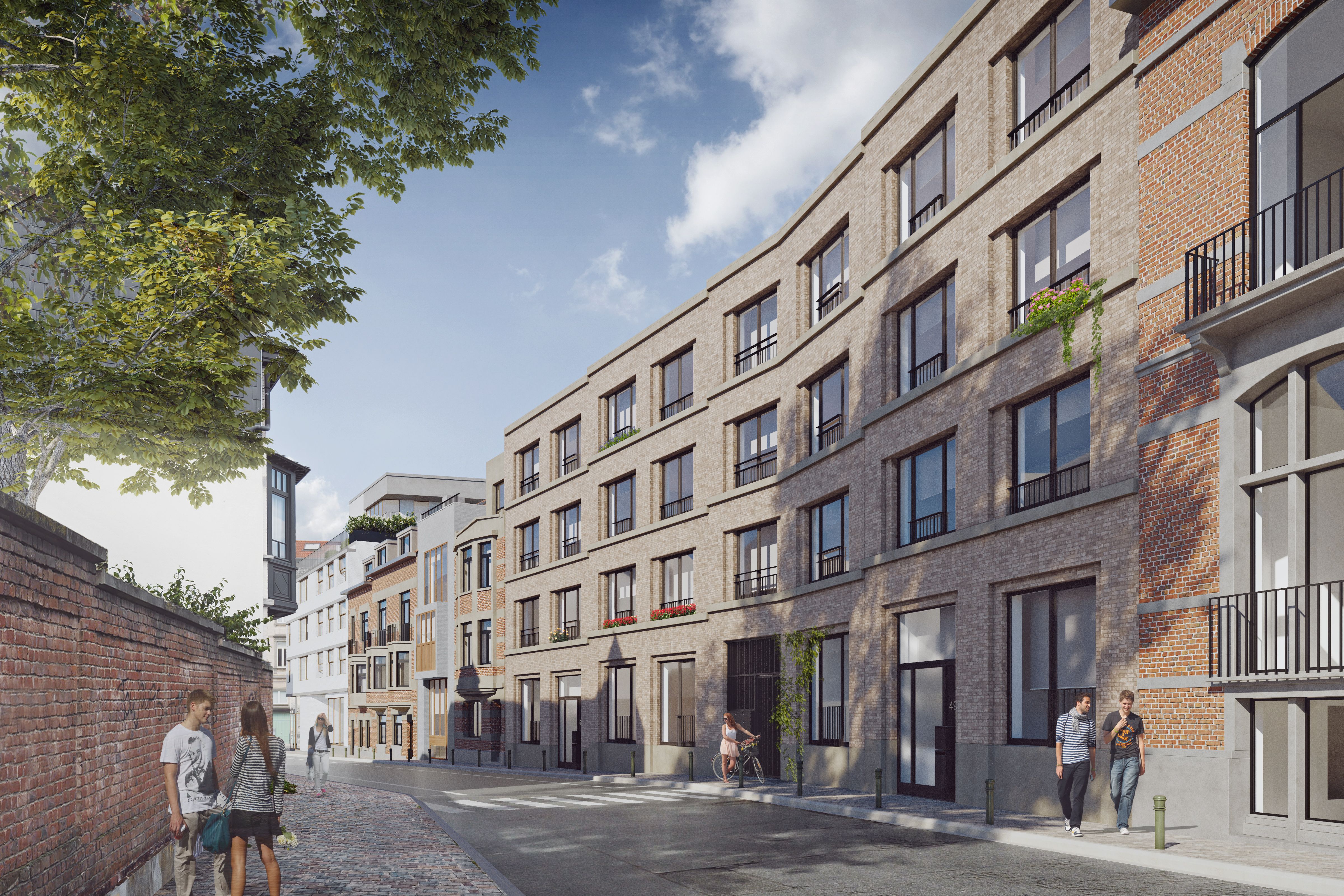 Immeuble résidentiel neuf en briques avec architecture contemporaine intégré dans une rue urbaine à Bruxelles
