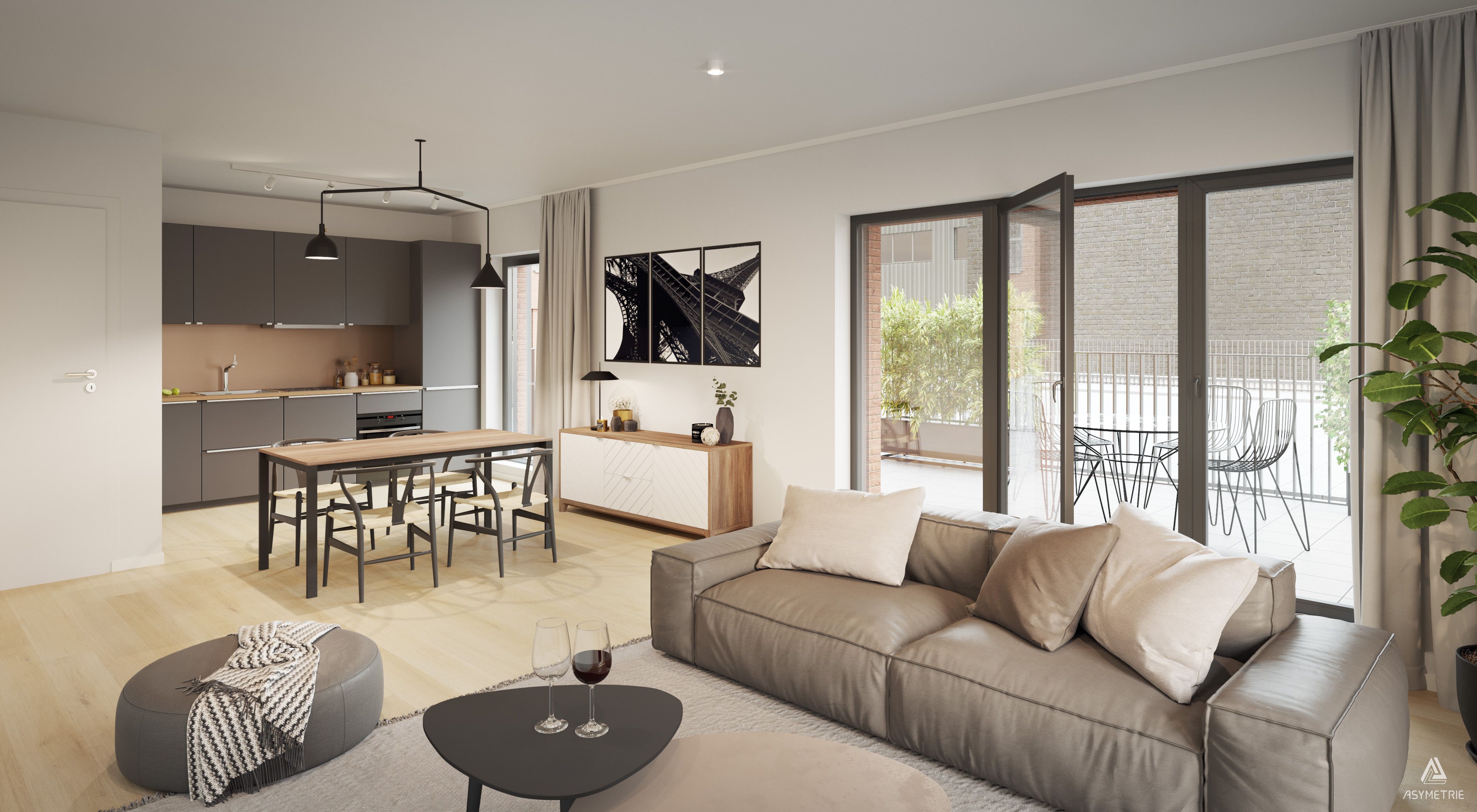 Séjour moderne ouvert avec salon, salle à manger et cuisine équipée aux lignes épurées. De grandes baies vitrées donnent accès à une terrasse aménagée et apportent une belle luminosité.