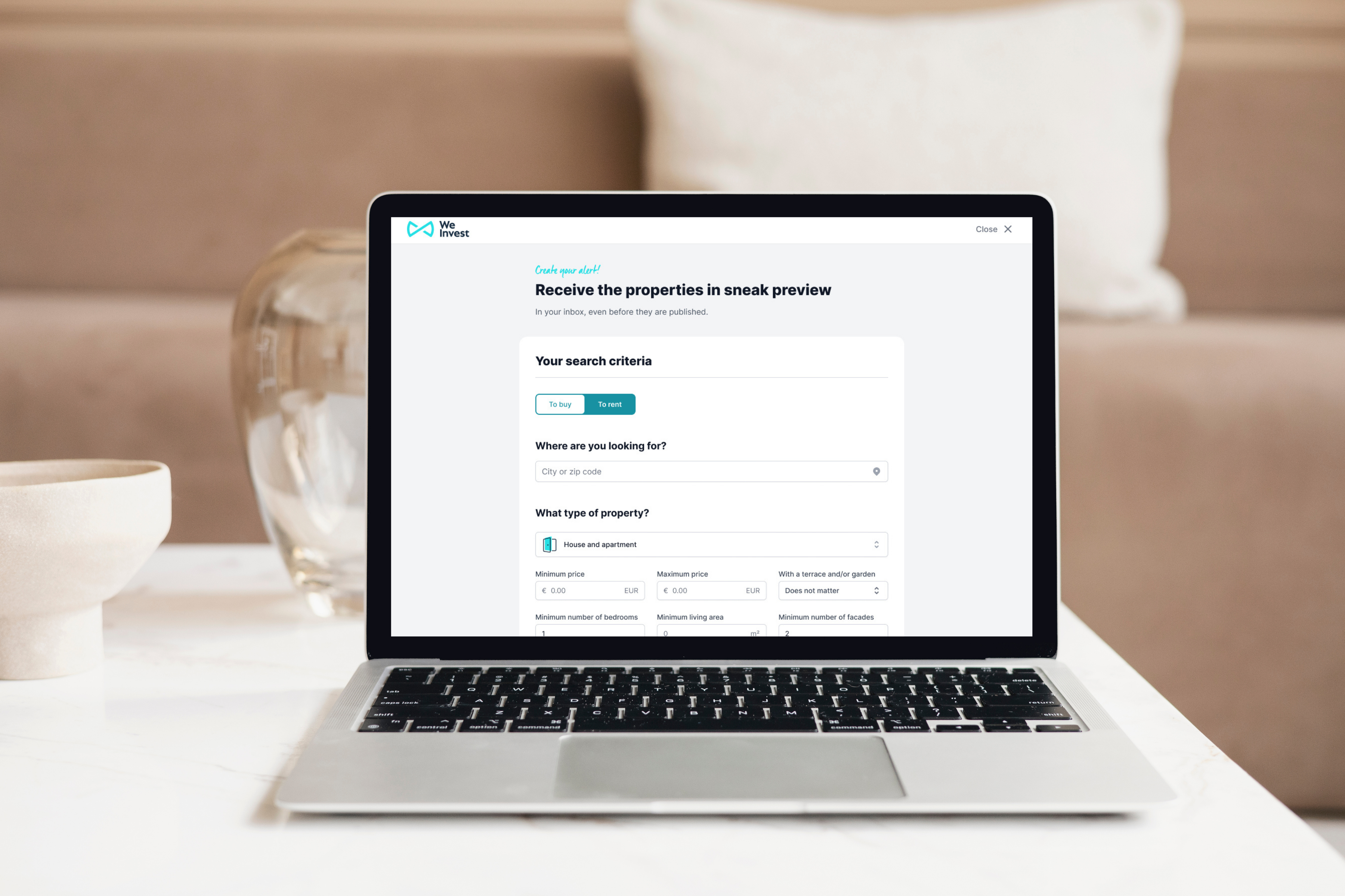 Buyer registering his search criteria on the We Invest website to find the ideal house or apartment